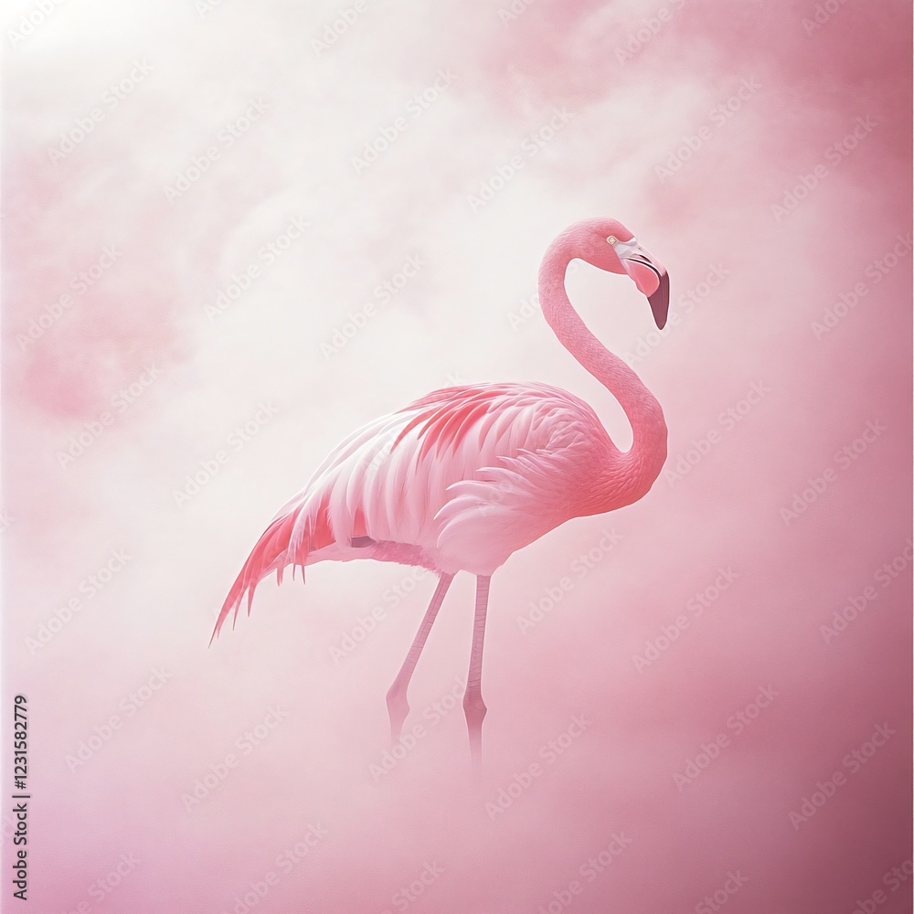 Fototapeta premium Pink flamingo in misty sunset, nature scene, peaceful wildlife