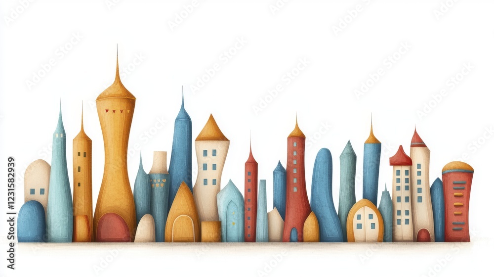Whimsical Cityscape Illustration with Muted Tones and Textured Buildings Whimsical Cityscape Illustration with Muted Tones and Textured Buildings