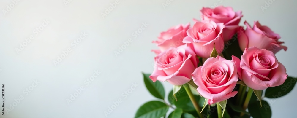 A bunch of fresh pink roses with leafy greens and stems, pink roses, floral arrangement