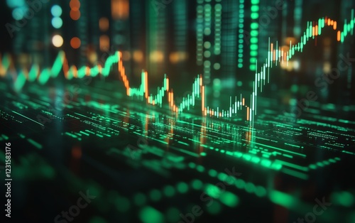 Green upward arrows emerging from stock market charts, glowing in neon light, representing financial growth and value appreciation, ultraHD, financial data visualization photo