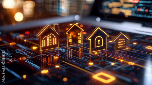 Glowing House Icons on Circuit Board Smart Home Technology and Digital Real Estate