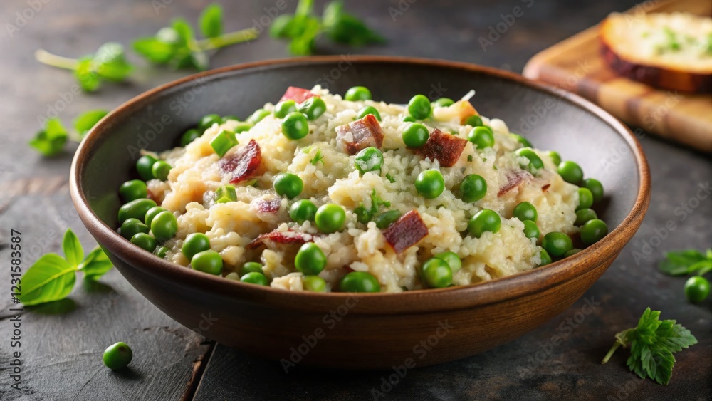 Creamy Risotto with Green Peas and Bacon Garnished with Fresh Herbs Creamy Risotto with Green Peas and Bacon Garnished with Fresh Herbs