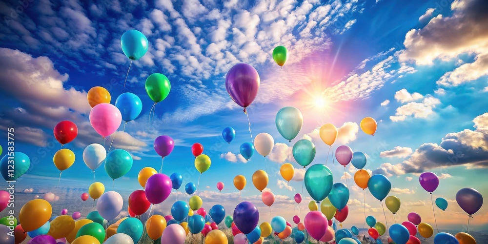Colorful balloons ascend towards a bright sun in a vibrant sky