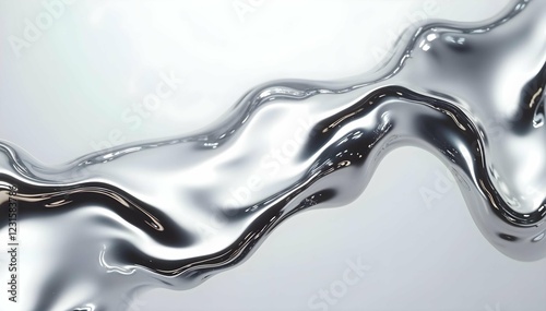 A futuristic abstract design featuring smooth, fluid chrome shapes with a high-gloss metallic finish. The reflective silver surface exudes modernity and sophistication, perfect for digital or print