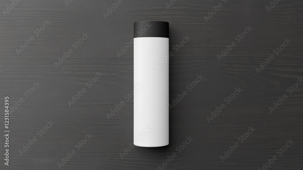 Sleek white bottle with a black cap against a dark wood background. Minimalist product shot. Sleek white bottle with a black cap against a dark wood background. Minimalist product shot.
