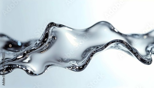 A futuristic abstract design featuring smooth, fluid chrome shapes with a high-gloss metallic finish. The reflective silver surface exudes modernity and sophistication, perfect for digital or print