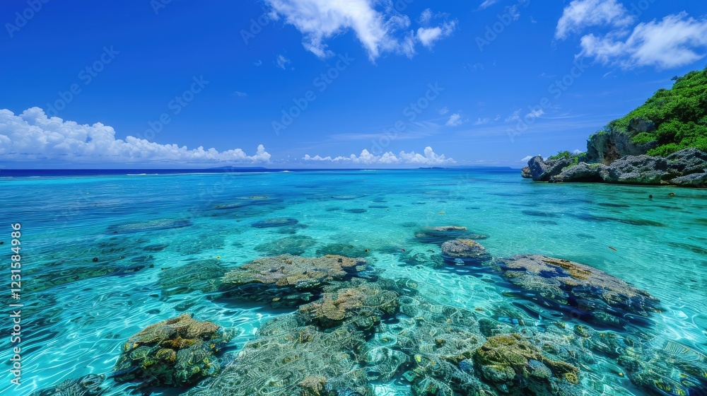Fototapeta premium Clear blue waters with Sekisei Lagoon coral,