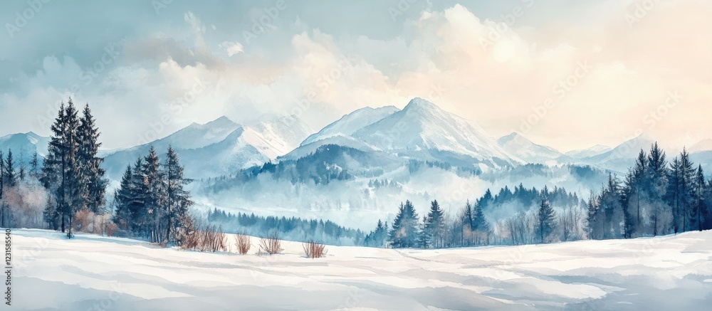 Obraz premium Tranquil watercolor landscape featuring soft blue mountains and pristine white snow under a pale sky, evoking peace and serenity.