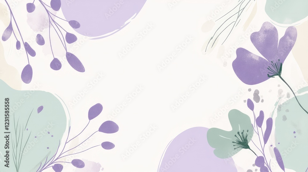 Fototapeta premium Abstract floral pattern with purple and green elements on white background