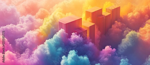 Colorful abstract close-up of a square structure amidst vibrant rainbow smoke, with pink, purple, and blue hues dominating the cloud background.
