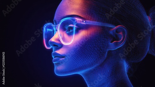 Woman, glasses, digital, profile, neon, futuristic, dark, background, tech, portrait