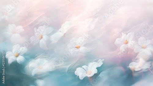 Ethereal white flowers in soft pastel colors, flowing blur effect