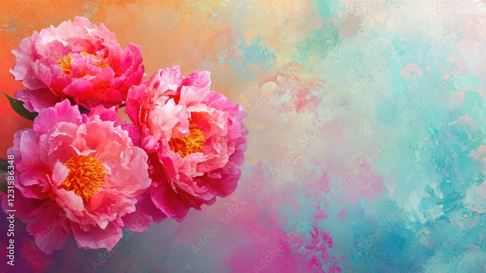 Obraz premium Vibrant pink peonies with yellow centers on abstract pastel background