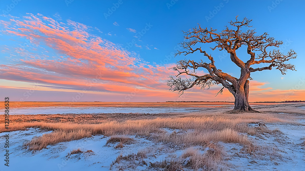 Lone tree winter sunset prairie landscape, nature scene Lone tree winter sunset prairie landscape, nature scene