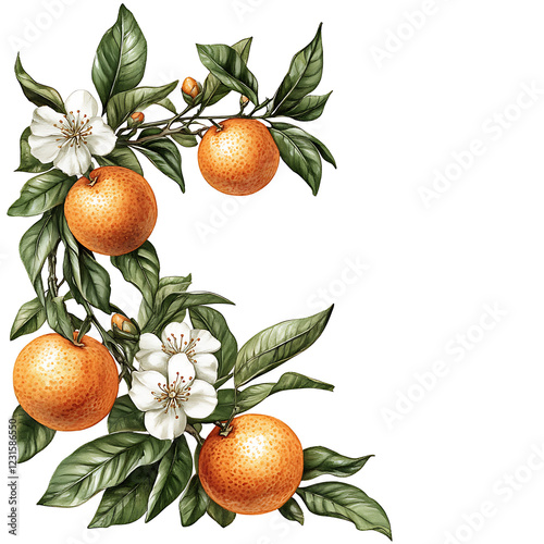 vibrant illustration of orange blossom tree featuring ripe oranges and delicate white flowers, showcasing nature beauty and freshness