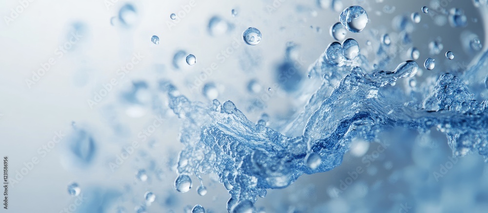 Dynamic blue water splash with smaller droplets against a soft white background, highlighting freshness and vitality through vibrant shades of blue. Dynamic blue water splash with smaller droplets against a soft white background, highlighting freshness and vitality through vibrant shades of blue.