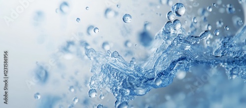 Dynamic blue water splash with smaller droplets against a soft white background, highlighting freshness and vitality through vibrant shades of blue.
