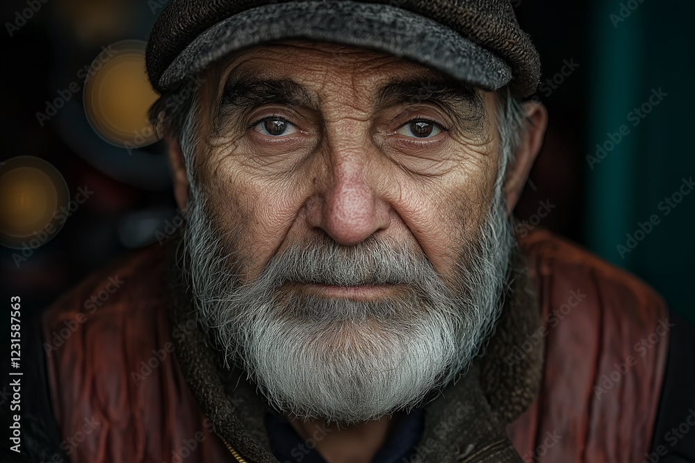 Thoughtful Elderly Man in Vest and Cap, Documentary Style Thoughtful Elderly Man in Vest and Cap, Documentary Style