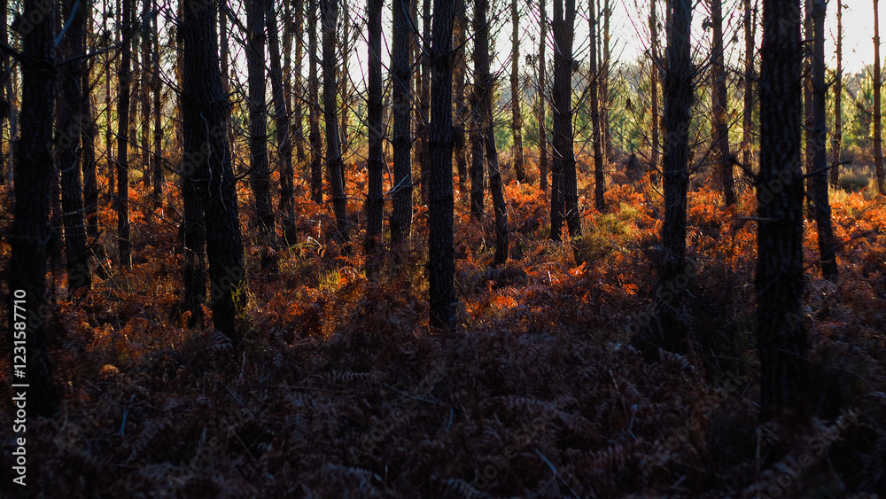 Naklejka premium Forêt des Landes de Gascogne, pendant le coucher du soleil