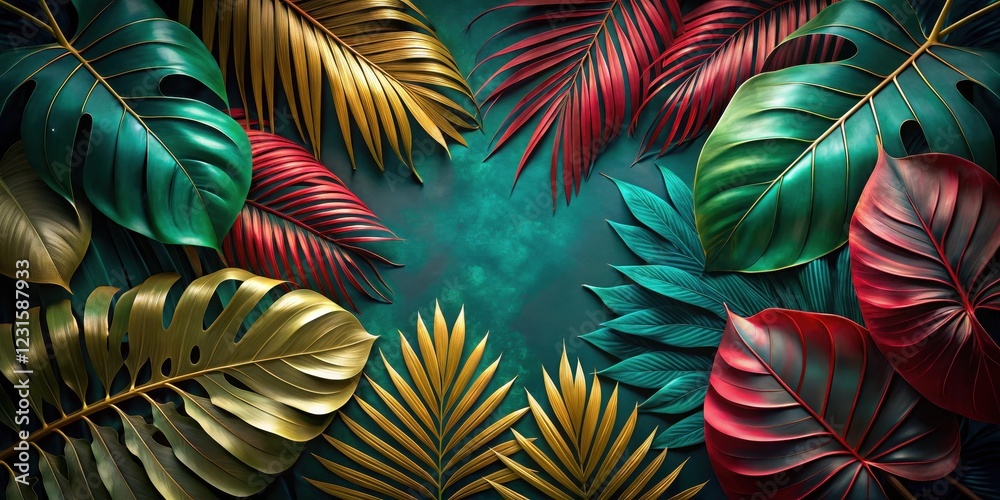 Luxurious Tropical Foliage with Vibrant Jewel Tones and Gilded Accents