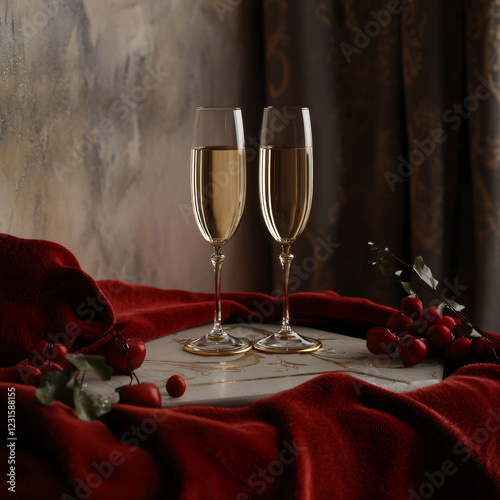 Elegant champagne glasses set on a luxurious red background, perfect for celebrations. photo