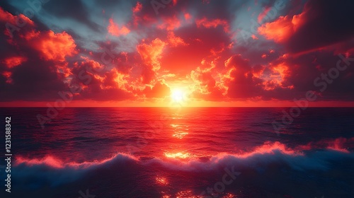 Vibrant sunset over the ocean with dramatic clouds reflecting warm colors at twilight photo