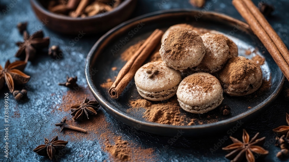 Delicious macarons on plate with cinnamon sticks and star anise Delicious macarons on plate with cinnamon sticks and star anise