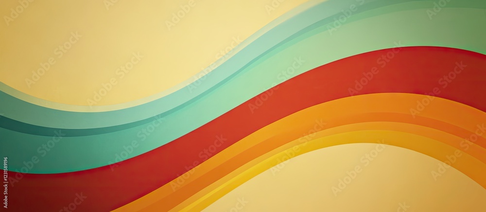 Obraz premium Vintage gradient banner with wavy lines in orange, green, and red on a light yellow background featuring ample copy space for text.