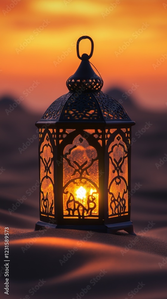 an Islamic lantern on a desert sand. copy space background of Ramadhan an Islamic lantern on a desert sand. copy space background of Ramadhan