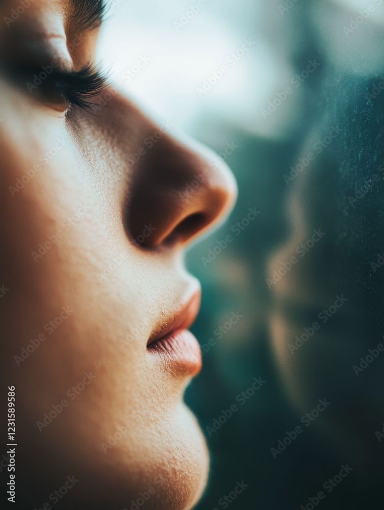 Obraz premium Serene Profile: A Woman's Face Bathed in Golden Light