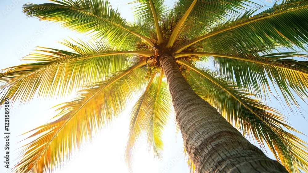 Fototapeta premium Tropical palm tree, sunny sky, beach background, vacation imagery
