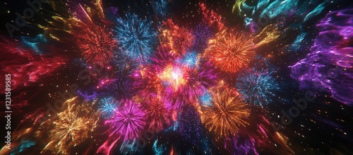 Vibrant colorful fireworks burst in a night sky featuring swirling patterns of blue, purple, orange, pink, and yellow radiating from a central glow.