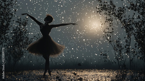Ballerina dancing snow night forest moonlit scene