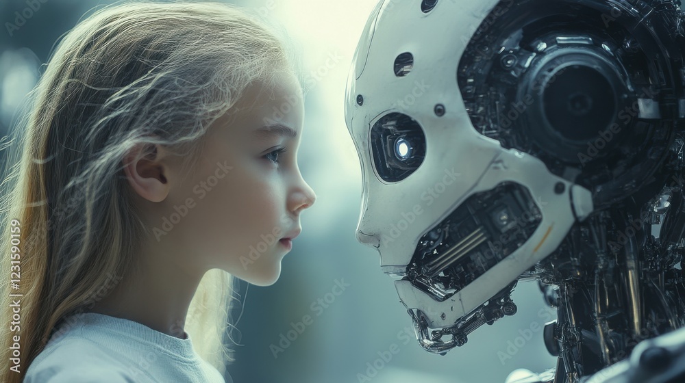 The face of a businessman and a robot opposite each other look into the eyes. Modern technologies, robot versus human, artificial intelligence, neural networks. 3D render, 3D illustration The face of a businessman and a robot opposite each other look into the eyes. Modern technologies, robot versus human, artificial intelligence, neural networks. 3D render, 3D illustration