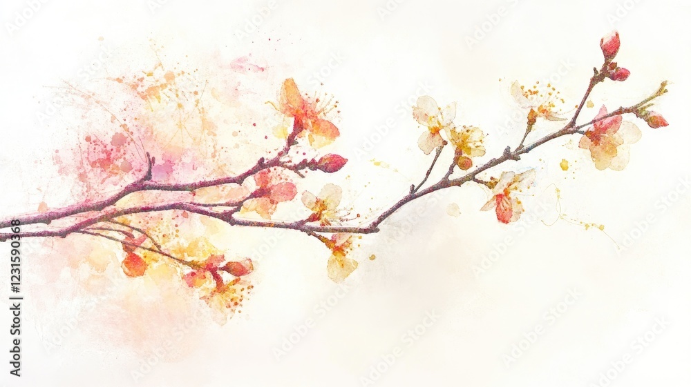 Delicate watercolor painting of blossoming branch with subtle pink and yellow hues Delicate watercolor painting of blossoming branch with subtle pink and yellow hues