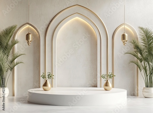 3D rendering of a podium product display with a Ramadan Islamic concept background, in a white and gold color theme. Minimalist style.
