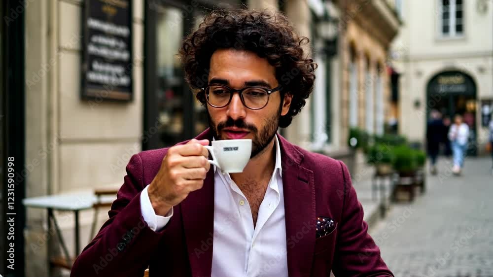 Smiling Man in Burgundy Suit Enjoying Coffee at Outdoor Café in City Square