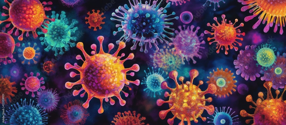 Vibrant abstract representation of colorful viruses in shades of orange, purple, blue, and green on a dark background for scientific visuals. Vibrant abstract representation of colorful viruses in shades of orange, purple, blue, and green on a dark background for scientific visuals.