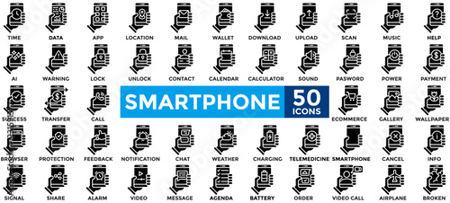 Smartphone icon collection set. Containing smartphone feature icons such as browser, location, chat, apps, gallery, weather, calculator. Simple flat vector illustration.