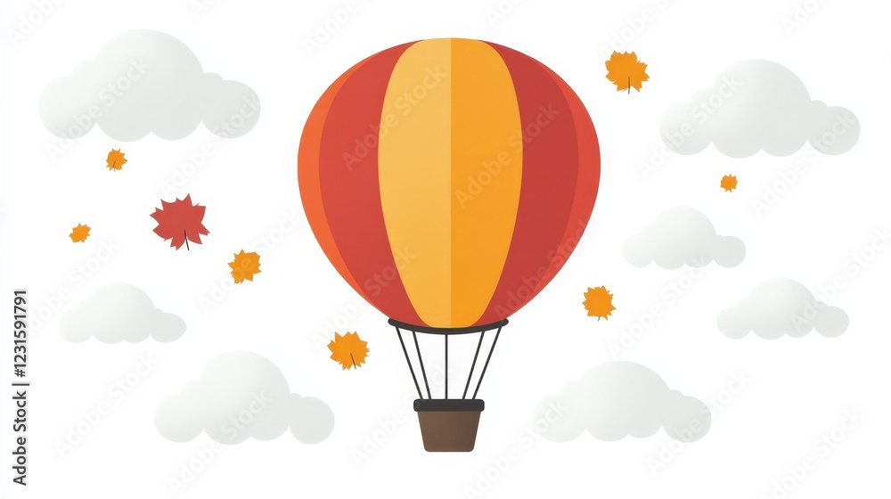 Fototapeta premium A vibrant red and orange hot air balloon floats amidst fluffy clouds and autumn leaves