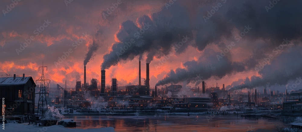 Industrial complex at dusk with towering smokestacks emitting dense smoke against a dramatic pink-orange sky and snowy foreground elements. Industrial complex at dusk with towering smokestacks emitting dense smoke against a dramatic pink-orange sky and snowy foreground elements.