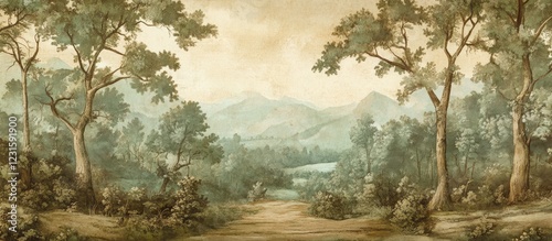 Vintage serene landscape with soft green tones, featuring lush trees and gentle hills under a muted sky, evoking tranquility and natural beauty.