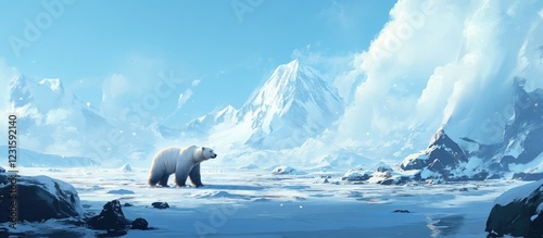 Majestic polar bear on snow-covered ice in vibrant blue arctic landscape with icy mountains and clouds in the background highlighting wildlife resilience.