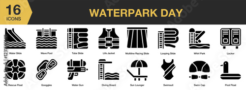 Waterpark Day solid icon set. Includes resort, park, pool, recreation, slide, and More. Solid icons vector collection.