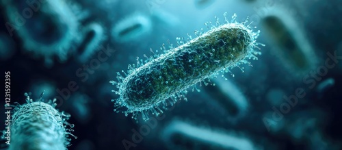 Microscopic view of antibiotic-resistant bacteria in focus with a blue background illustrating critical health implications of resistance in medicine. photo