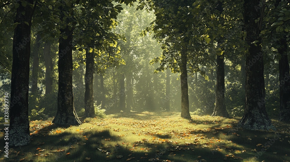 Naklejka premium Sunlit Forest Path Autumn Leaves Trees
