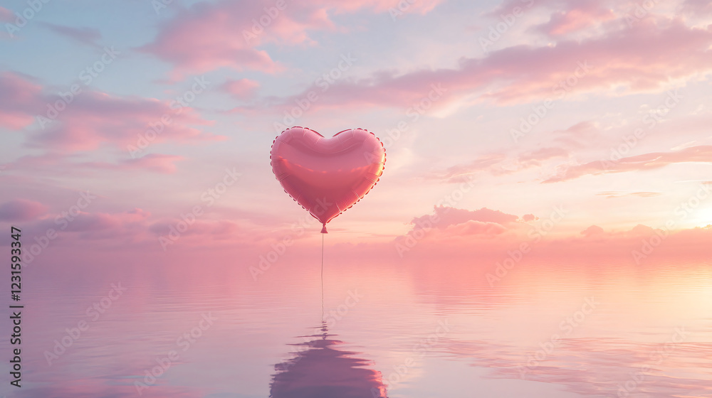 Fototapeta premium A serene heart-shaped balloon floating over calm waters at sunset.