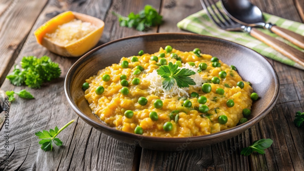 Creamy Risotto with Peas and Parmesan on Rustic Wooden Table Creamy Risotto with Peas and Parmesan on Rustic Wooden Table