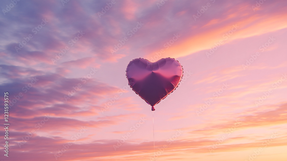 Obraz premium A heart-shaped balloon floating in a colorful sunset sky, symbolizing love and joy.