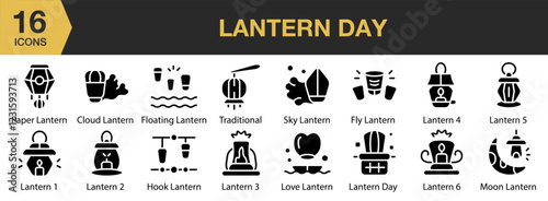 Lantern Day solid icon set. Includes Lantern, Traditional, Lamp, Fire, Light, and More. Solid icons vector collection.